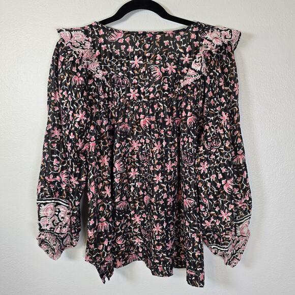 Cleobella Brynlee Blouse Women's M Black Pink Organic Cotton Cottagecore Boho - Picture 2 of 9